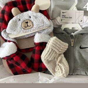 Nike 3-piece Baby Set with Red Plaid Sheep Hat & grey baby booties